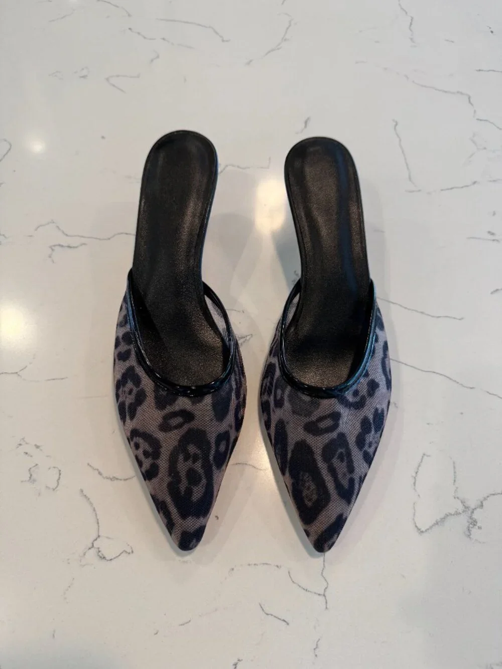 Leopard print mesh kitten heels slip on mules size 8